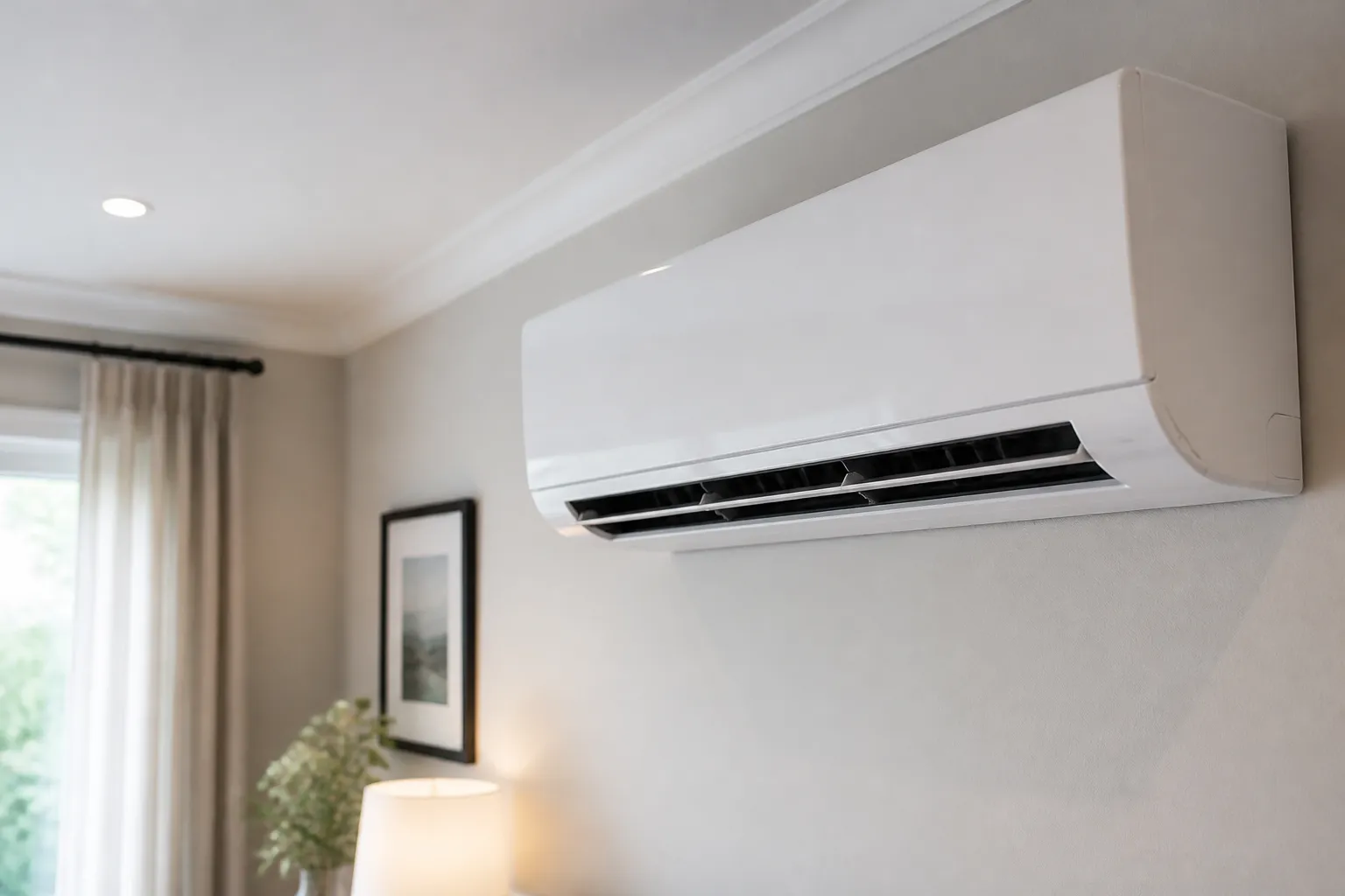 Clean serviced indoor air conditioning unit in a home.
