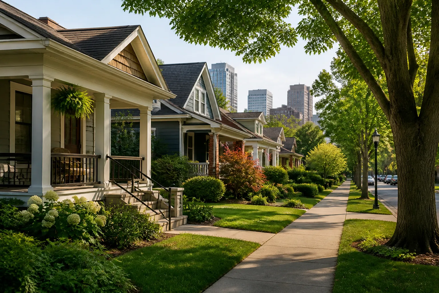 Charming neighborhood with clean sidewalks and mature greenery.