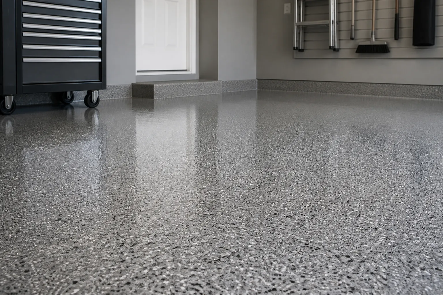 Seamless epoxy floor in a clean finished garage.