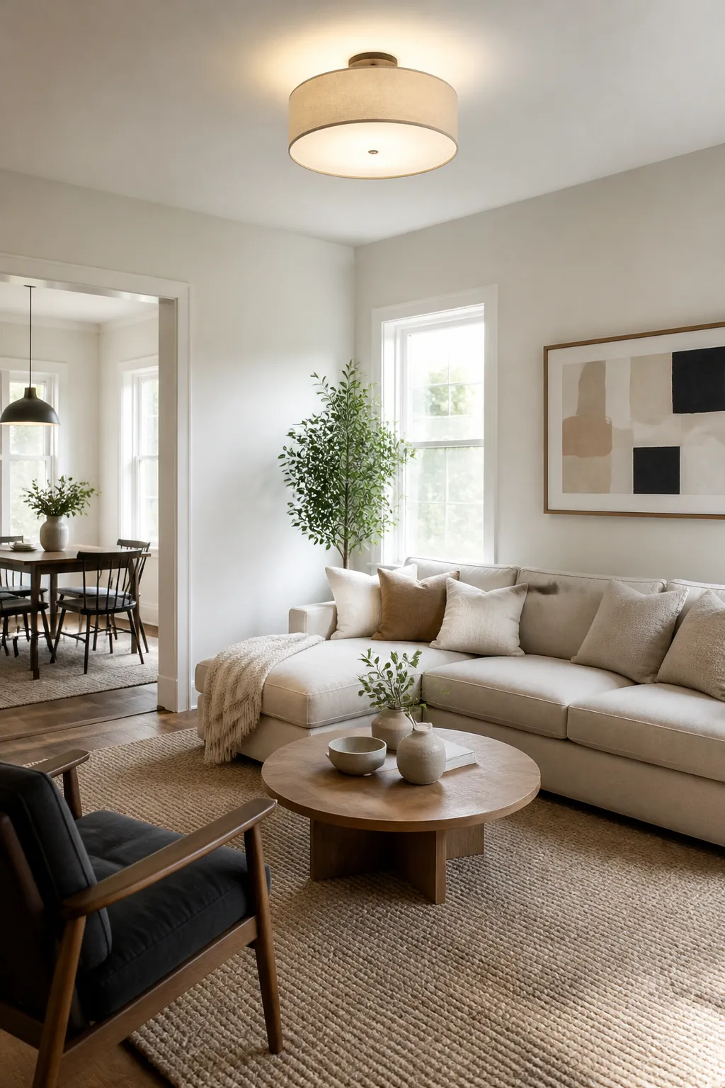 Bright living room with smooth walls, fresh paint, and updated lighting.