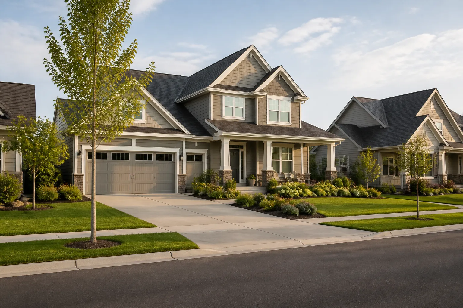 Spacious homes and tidy lawns in a quiet neighborhood.