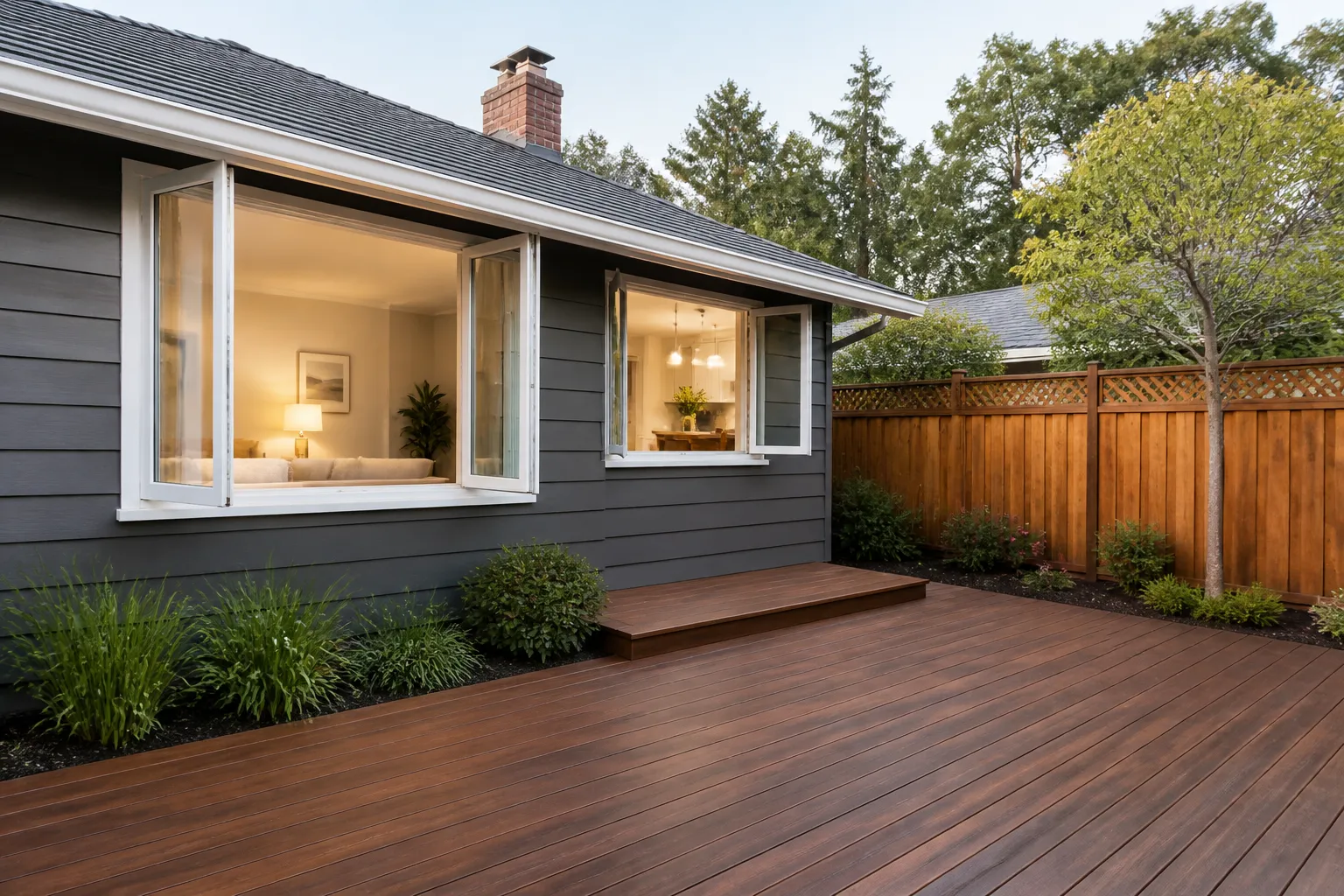 Finished home exterior with repaired deck, fence, and fresh paint.