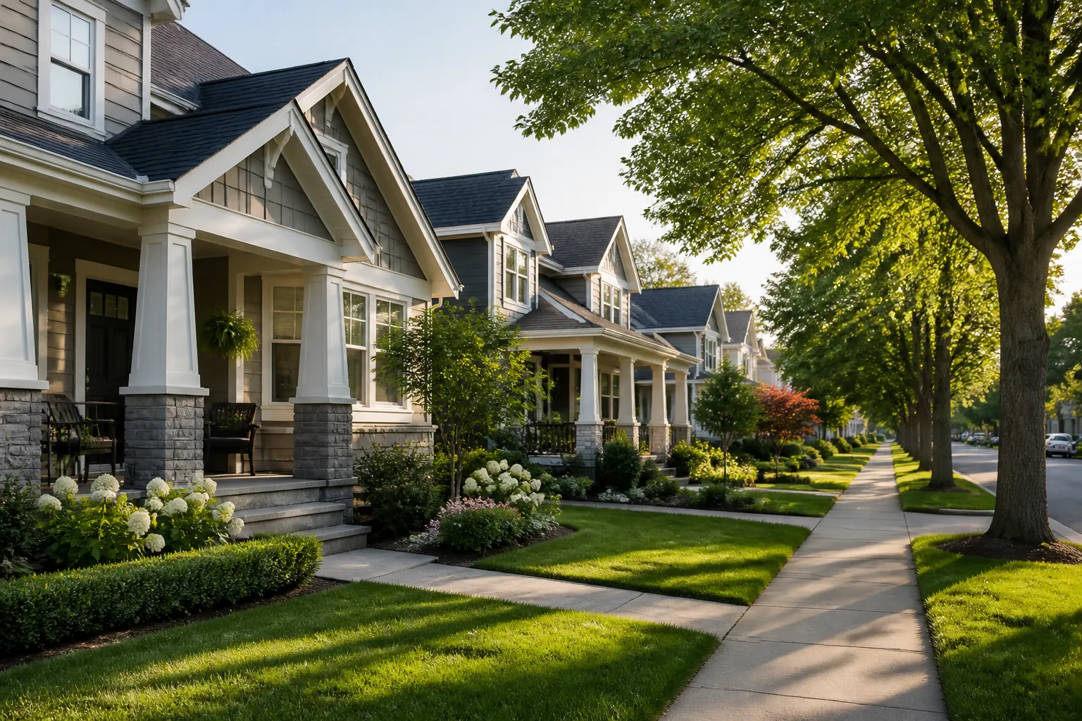 Modern homes with neat front yards on a quiet street.