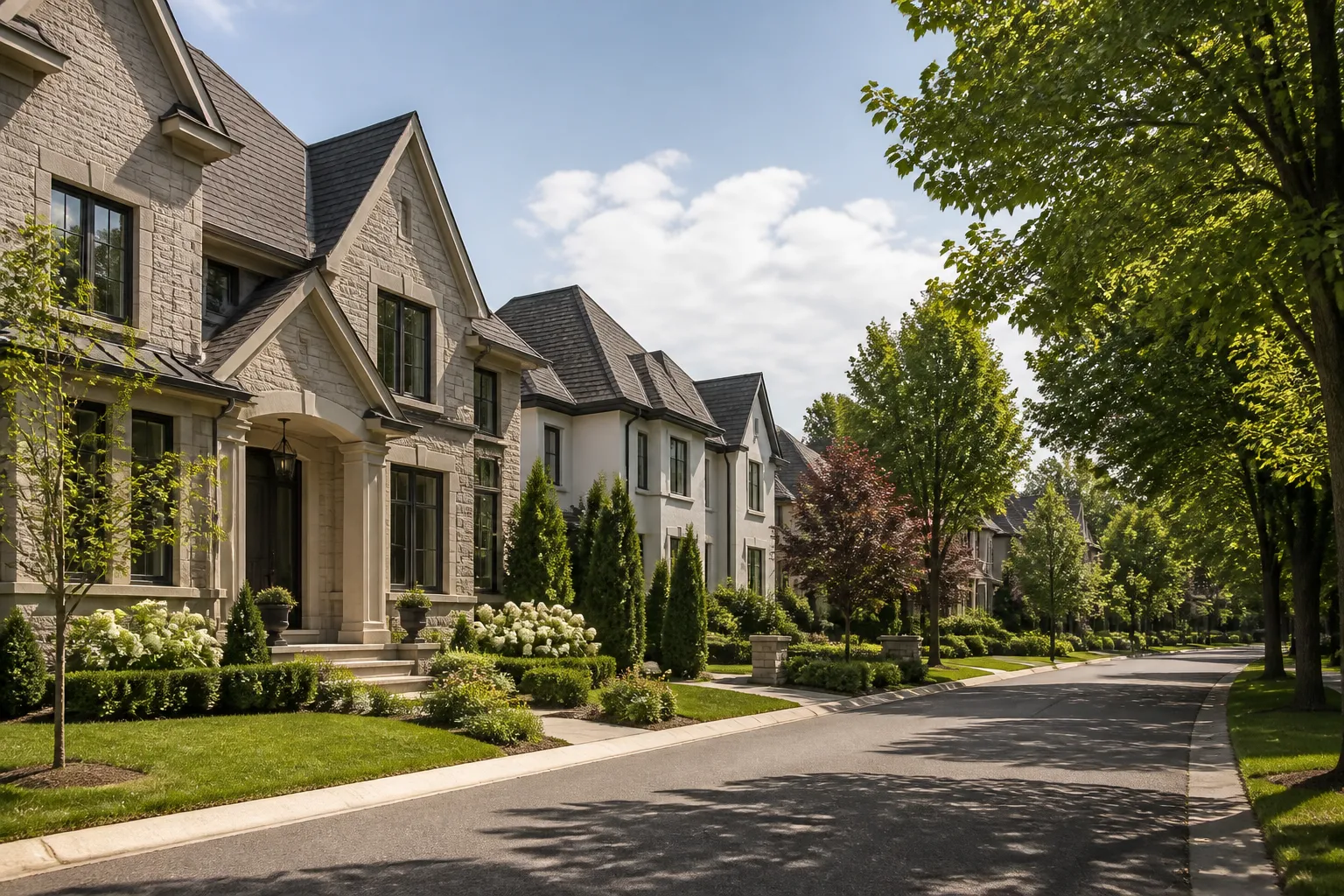 Upscale neighborhood with elegant homes and manicured landscaping.