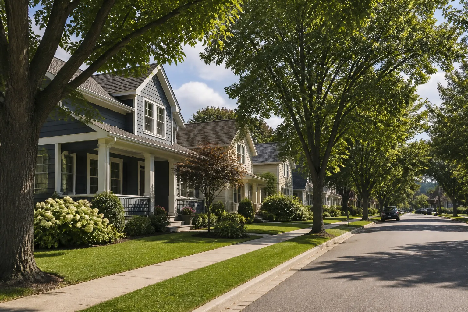Welcoming suburban neighborhood street with well-kept homes.