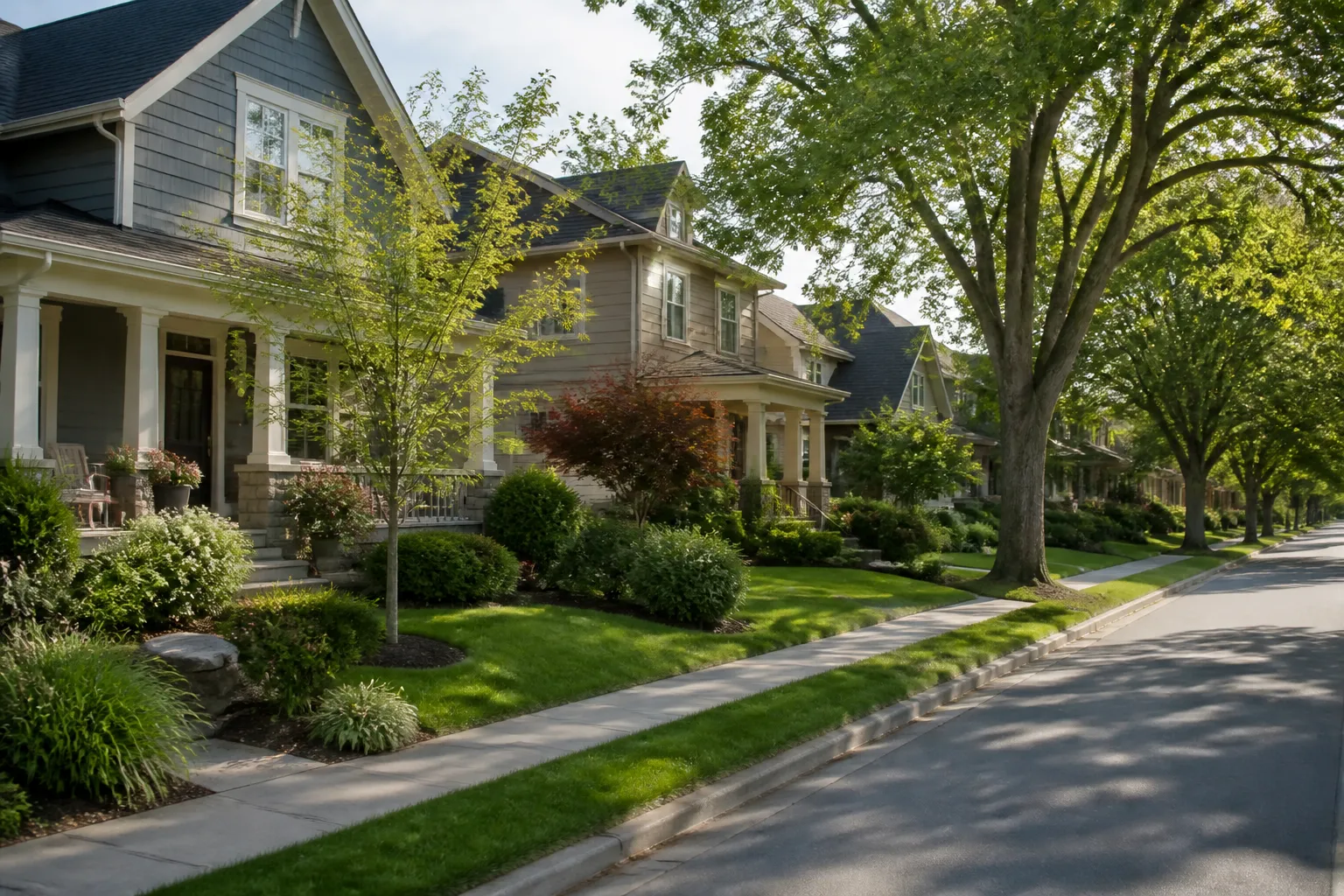 Tree-lined residential street with tidy homes and landscaped yards.